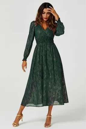 FS Collection Gold Stripe Foil Long Sleeve Maxi Dress In Green