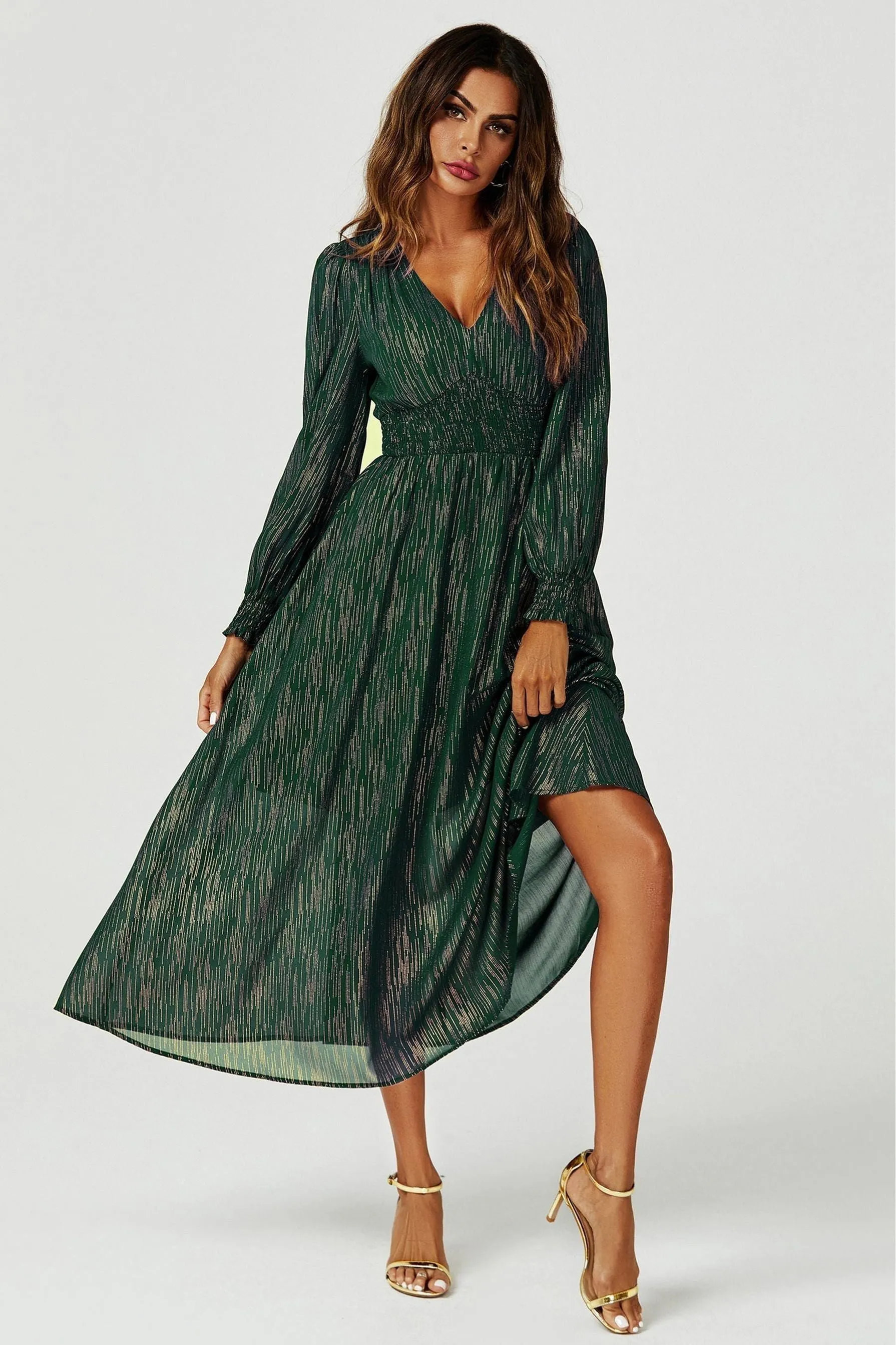 FS Collection Gold Stripe Foil Long Sleeve Maxi Dress In Green