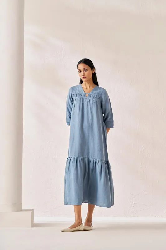 Gathered Neckline Long Dress Airforce Blue