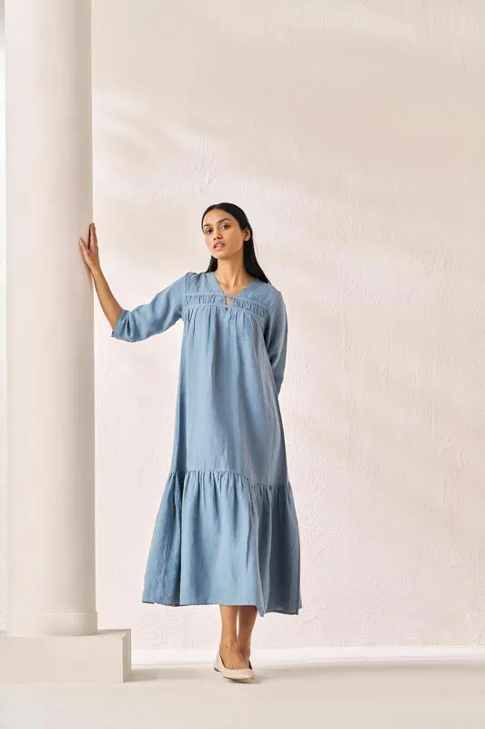 Gathered Neckline Long Dress Airforce Blue