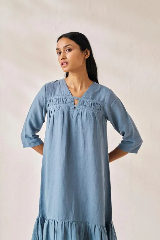 Gathered Neckline Long Dress Airforce Blue