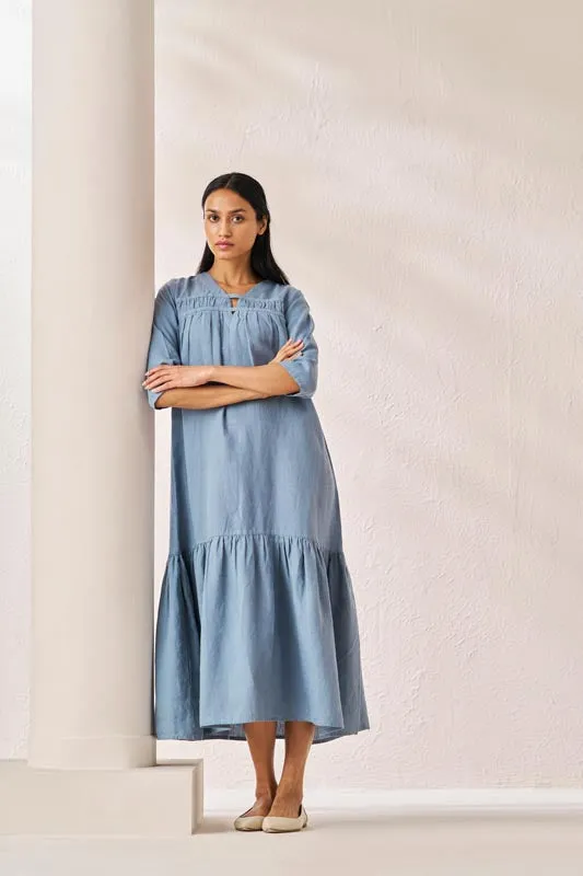 Gathered Neckline Long Dress Airforce Blue