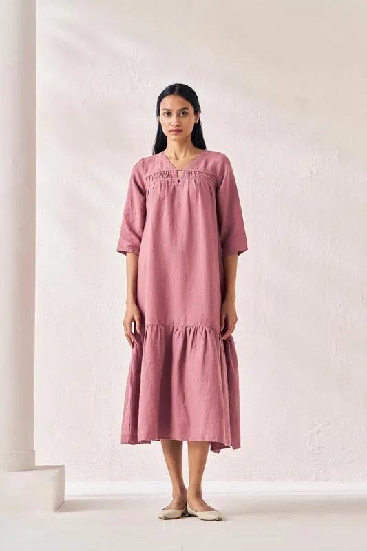 Gathered Neckline Long Dress Rose Gold