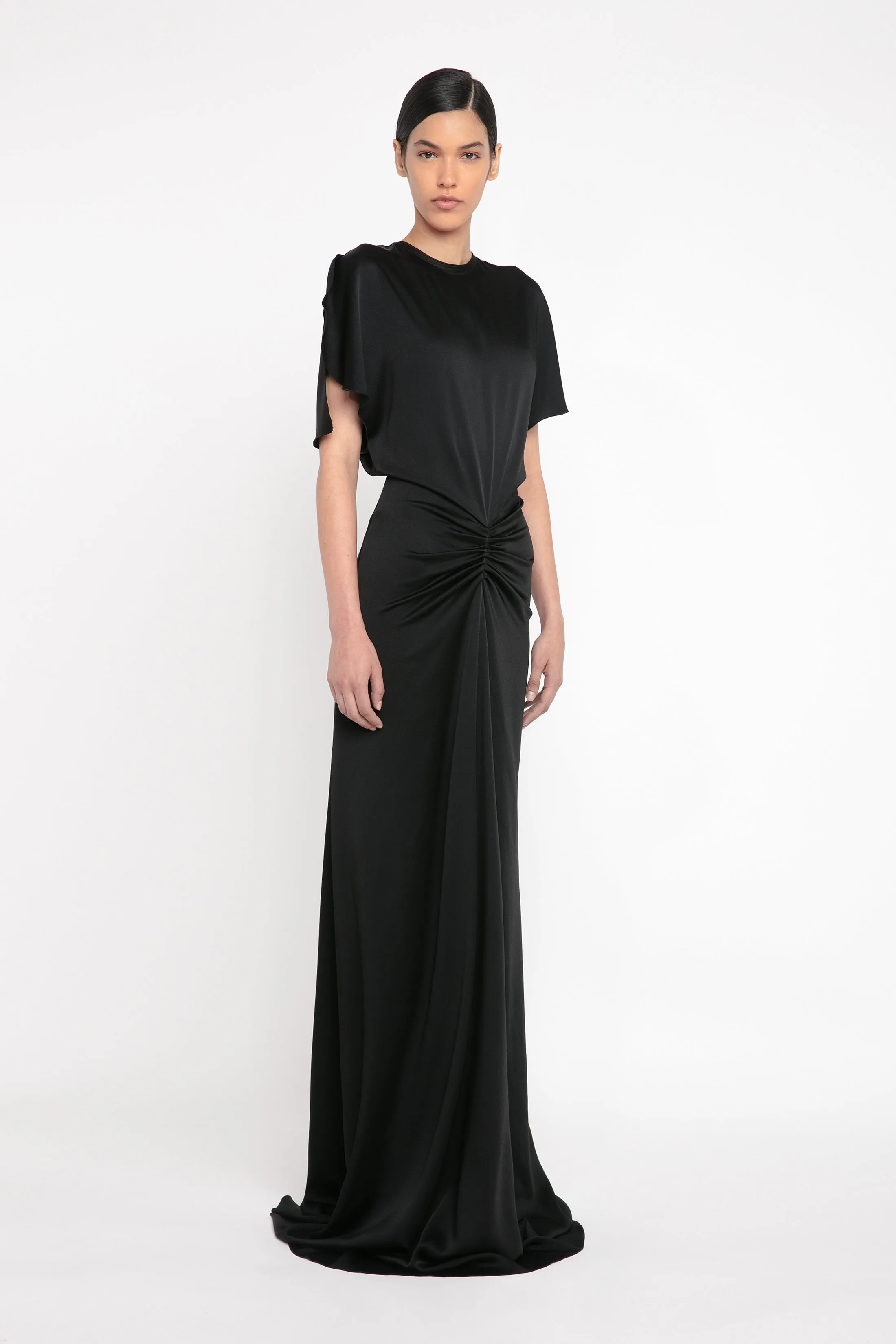 Gathered Waist Floor-Length Dress In Black