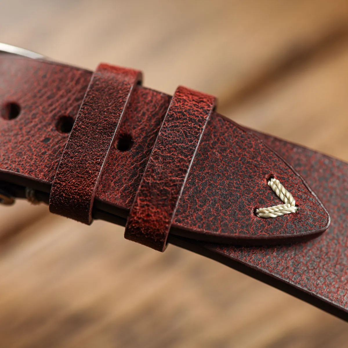 German V-Stitch Crazy Horse Leather Watch Strap - Bordeaux