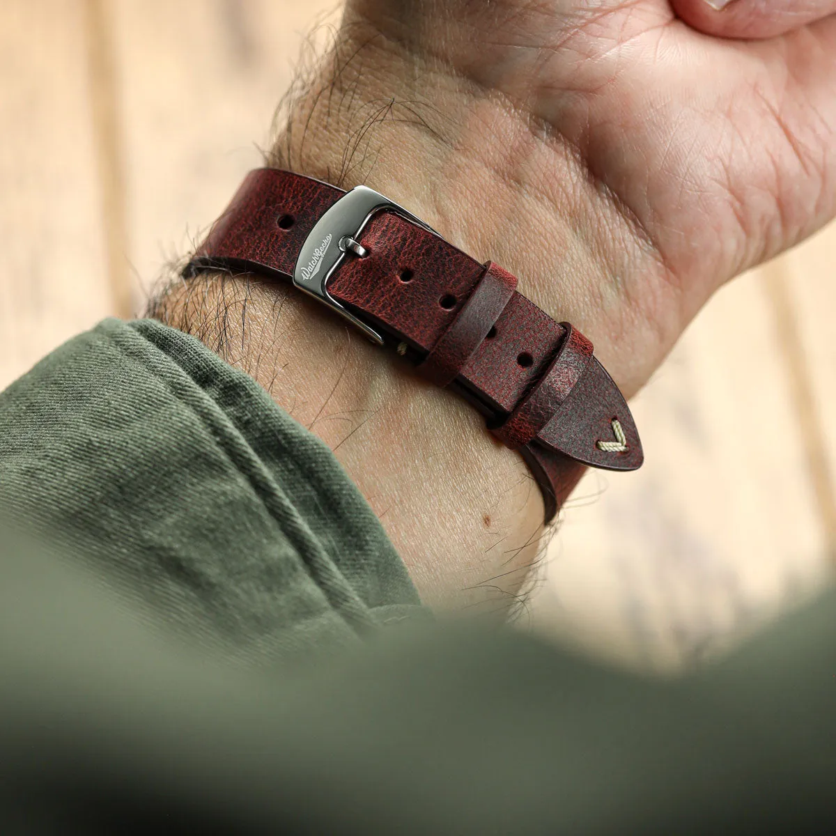 German V-Stitch Crazy Horse Leather Watch Strap - Bordeaux