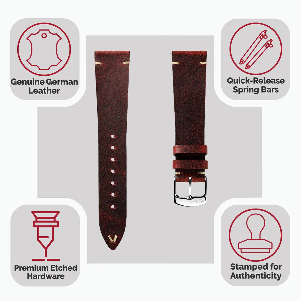 German V-Stitch Crazy Horse Leather Watch Strap - Bordeaux