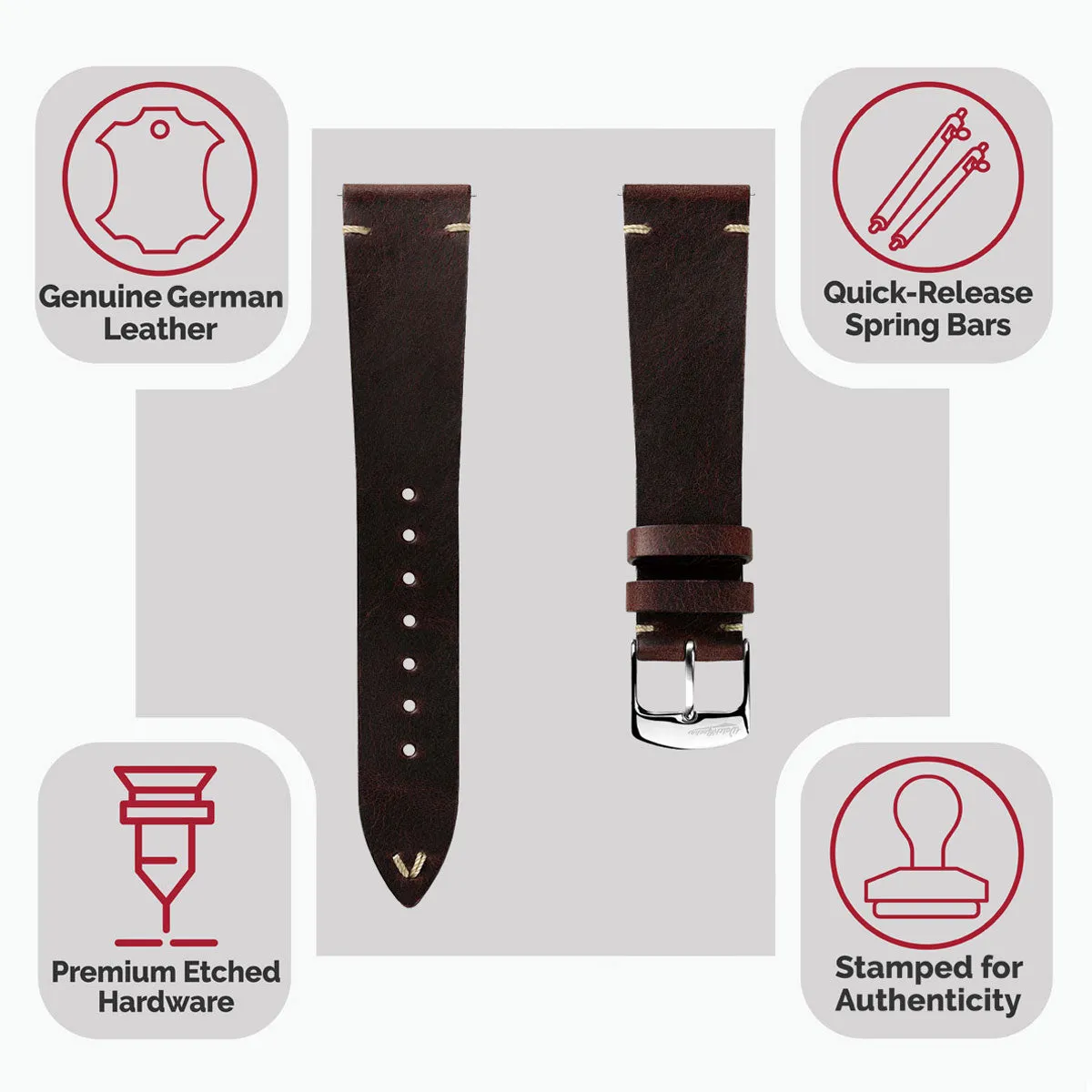 German V-Stitch Crazy Horse Leather Watch Strap - Chocolate Brown