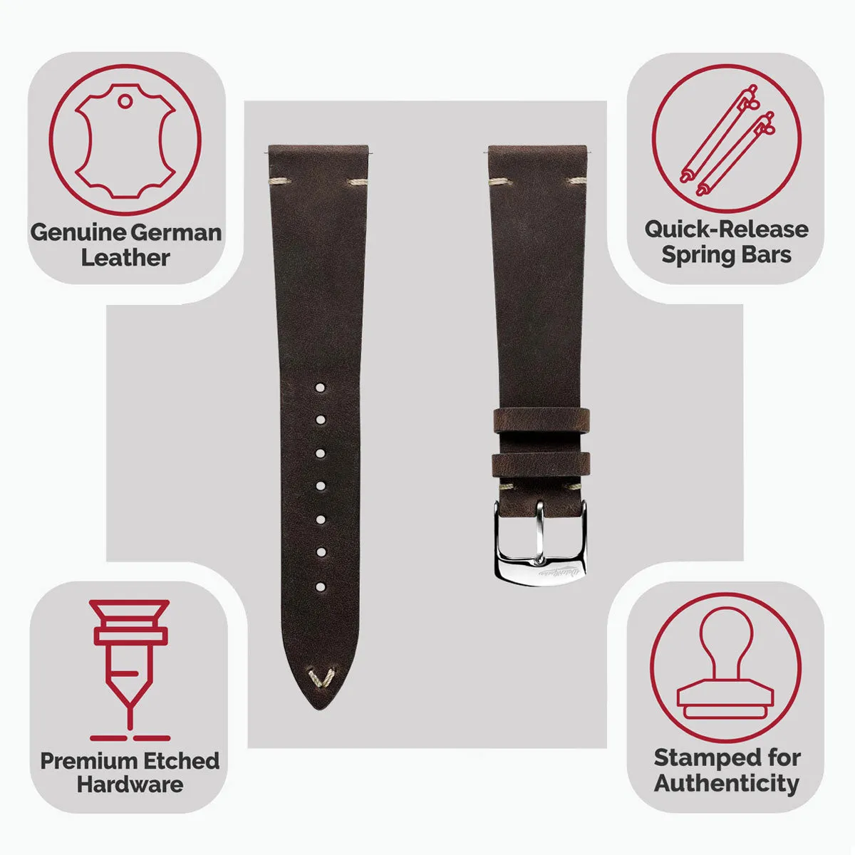 German V-Stitch Crazy Horse Leather Watch Strap - Dark Brown