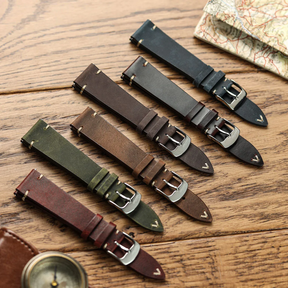 German V-Stitch Crazy Horse Leather Watch Strap - Olive Green