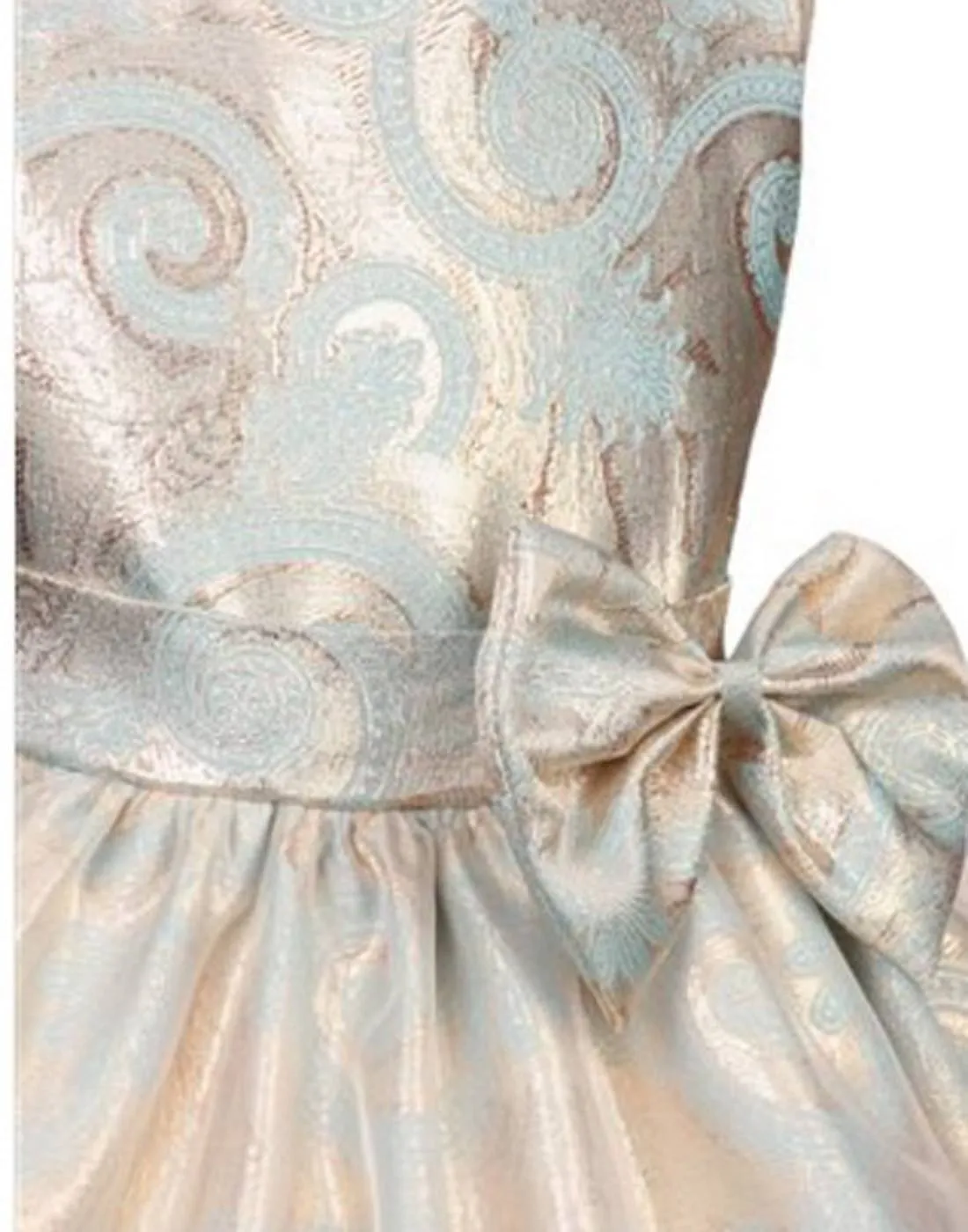 Glittery Gold and Aqua Organza Overlay Jacquard Dress with a Bow - Turquoise