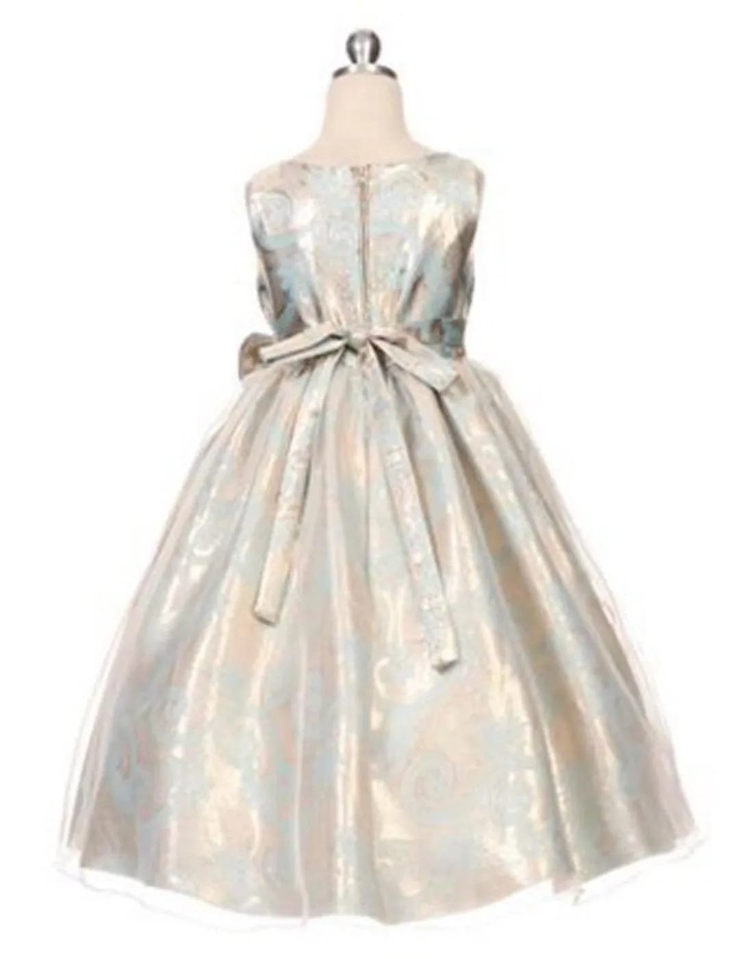 Glittery Gold and Aqua Organza Overlay Jacquard Dress with a Bow - Turquoise