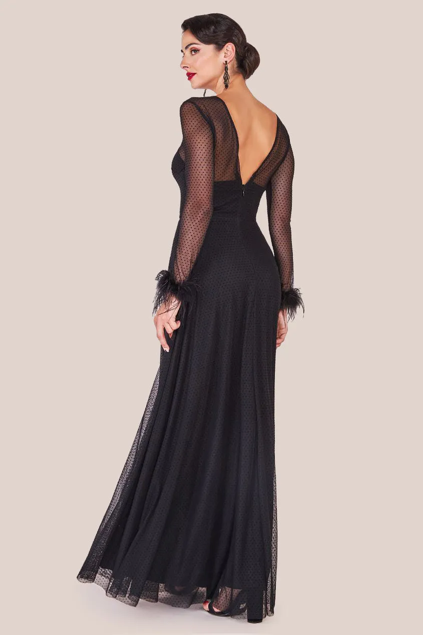 Goddiva Dobby Mesh Feather Sleeve Hem Maxi Dress - Black