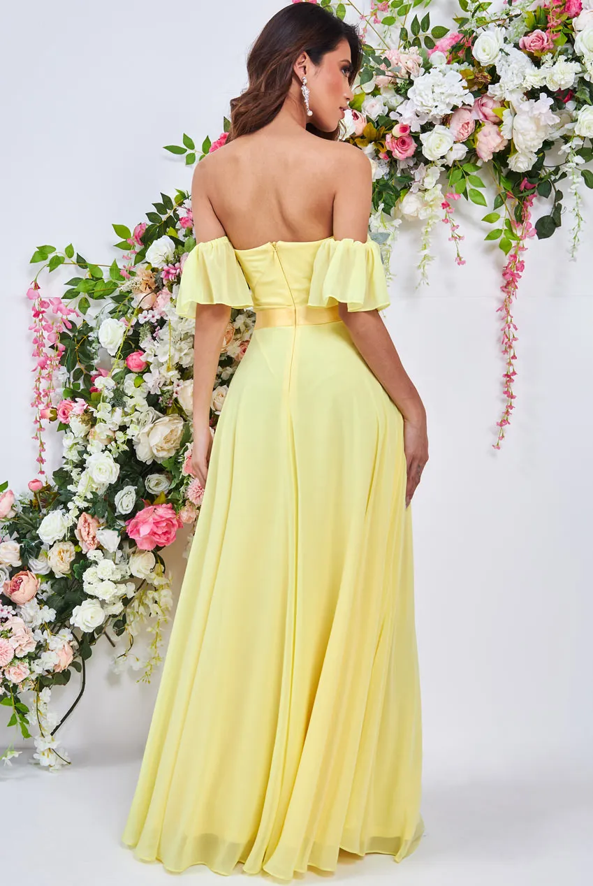 Goddiva Draped Off The Shoulder Chiffon Maxi Dress With Front Split