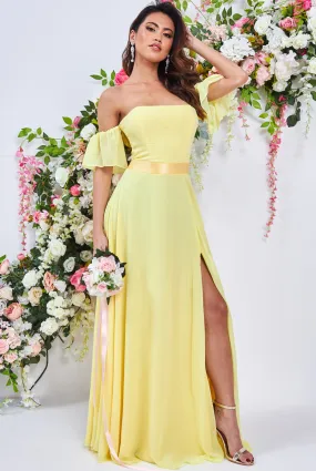 Goddiva Draped Off The Shoulder Chiffon Maxi Dress With Front Split