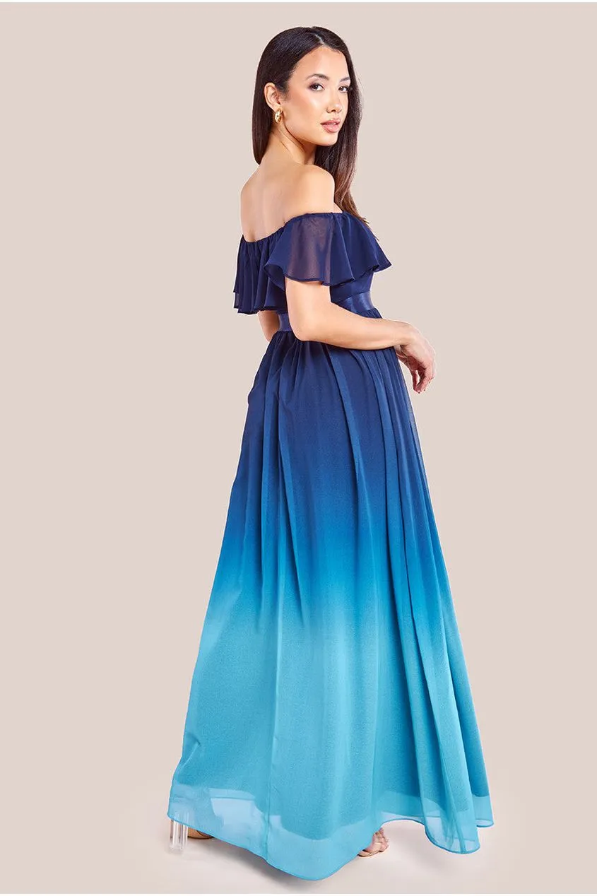 Goddiva Ombre Chiffon Bardot Frill A-line Maxi Dress - Navy Ombre