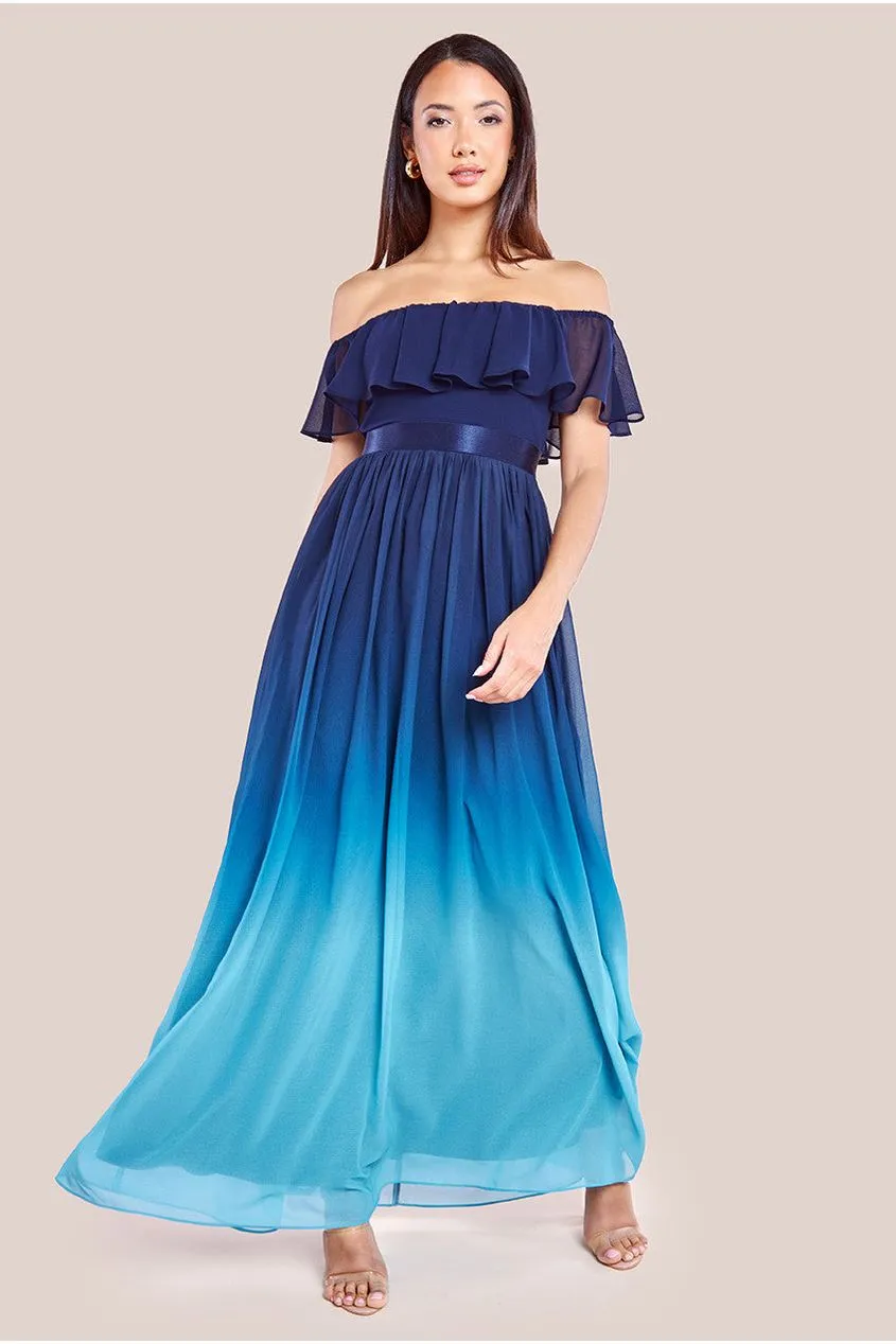 Goddiva Ombre Chiffon Bardot Frill A-line Maxi Dress - Navy Ombre