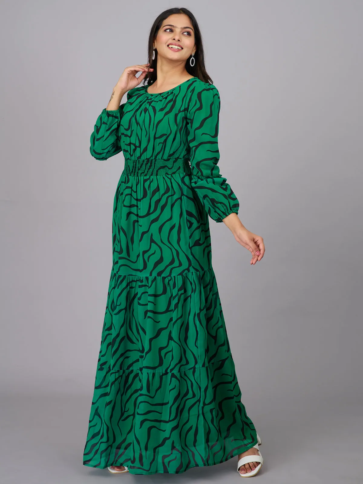 Green and Black Abstract Print Dress (GBKU5239)