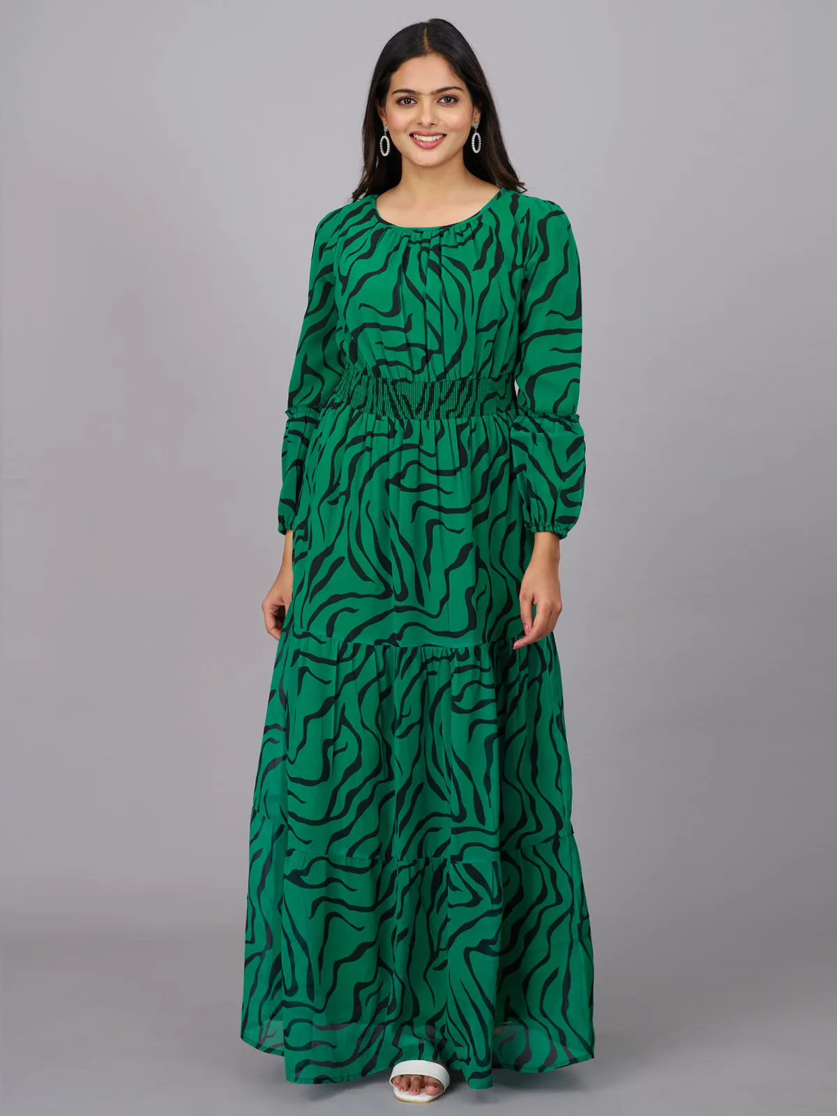 Green and Black Abstract Print Dress (GBKU5239)