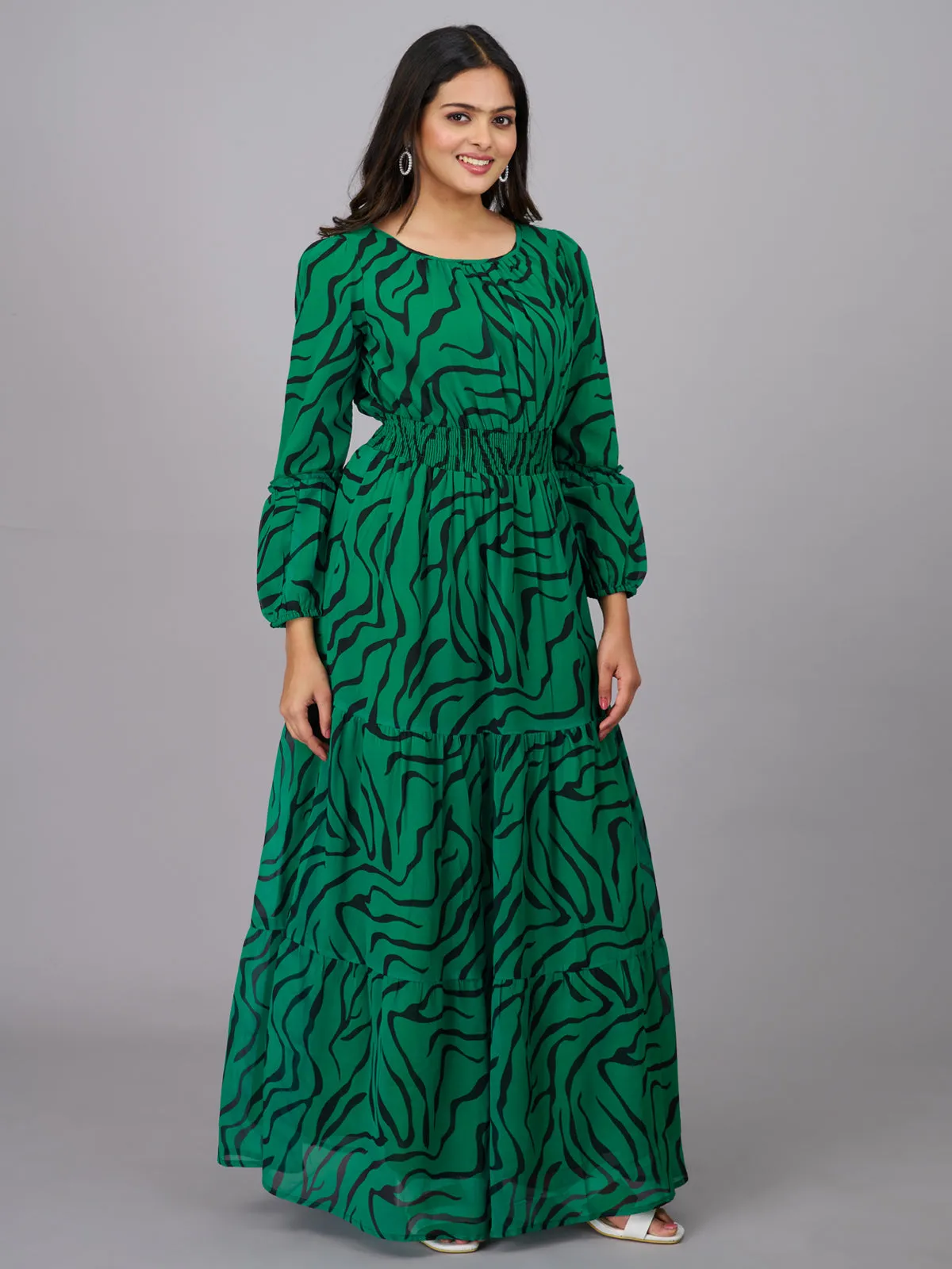 Green and Black Abstract Print Dress (GBKU5239)