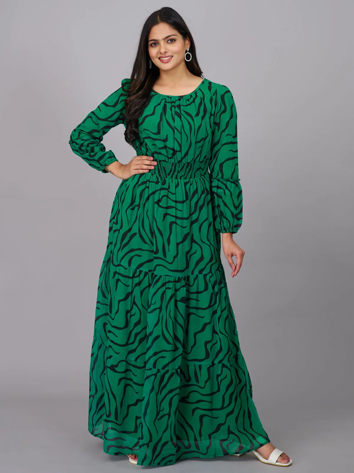 Green and Black Abstract Print Dress (GBKU5239)