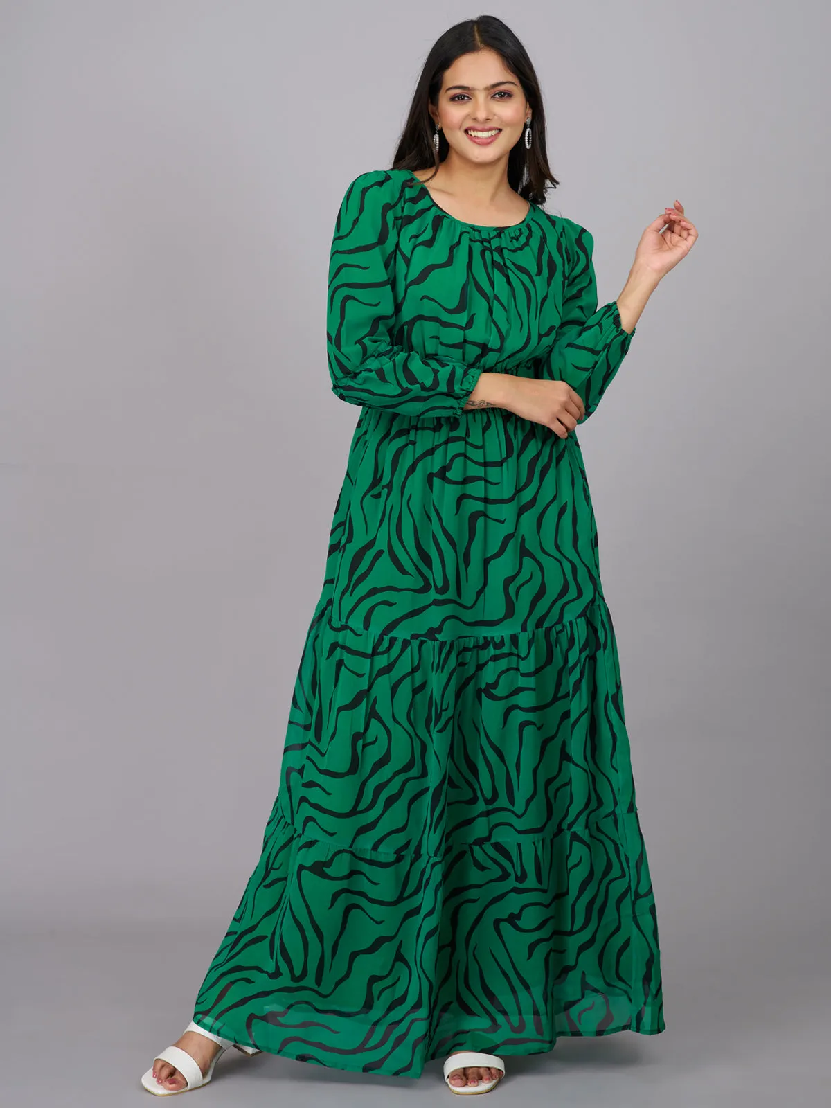 Green and Black Abstract Print Dress (GBKU5239)