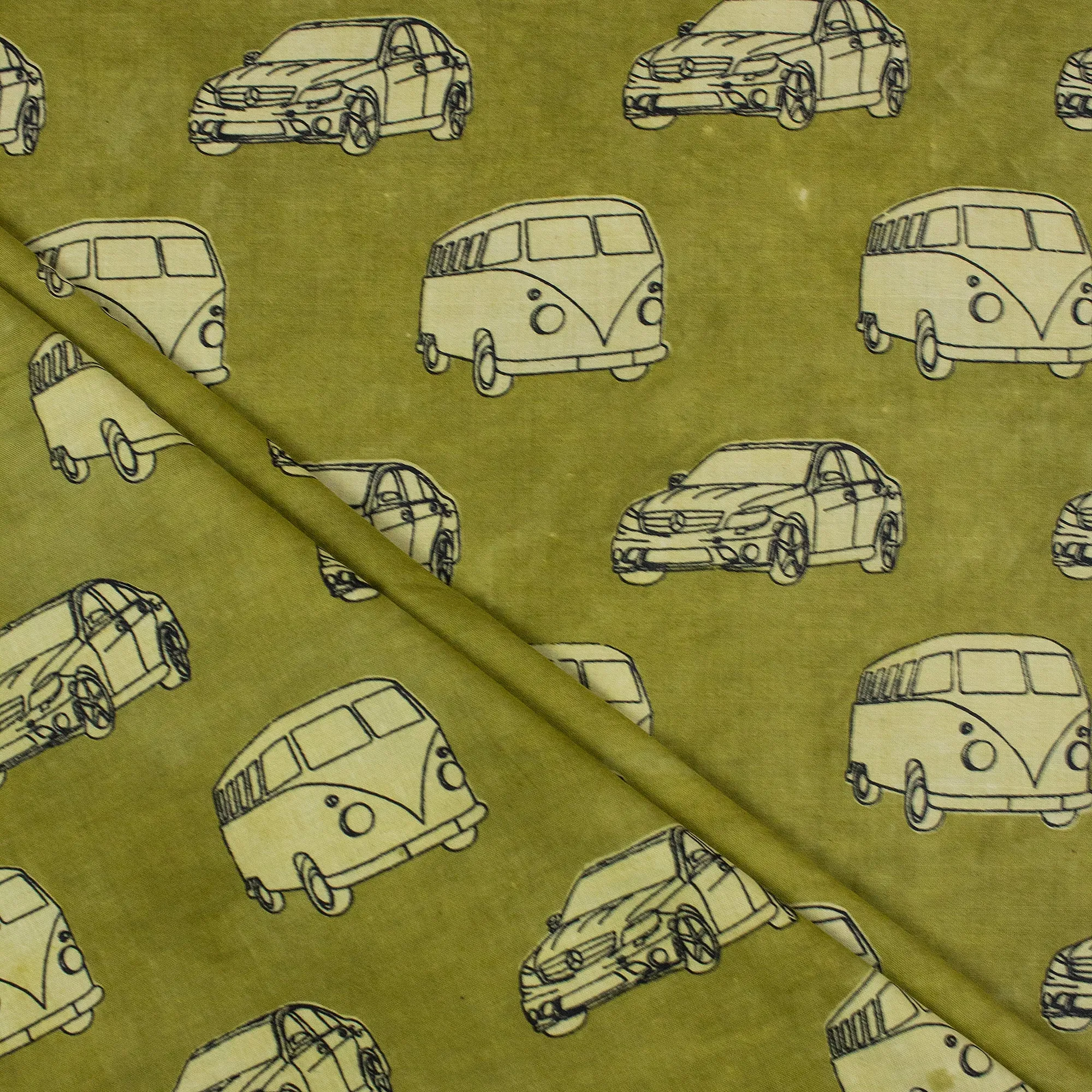 Handmade Natural Dyed Vehicle Print Blue Cotton Fabric For Dress