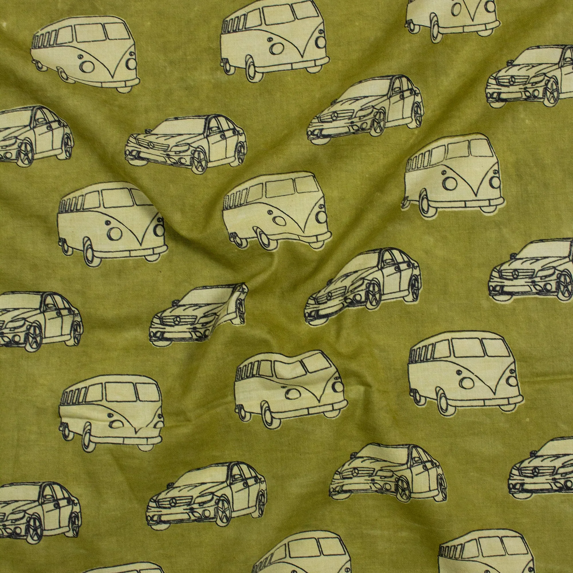 Handmade Natural Dyed Vehicle Print Blue Cotton Fabric For Dress