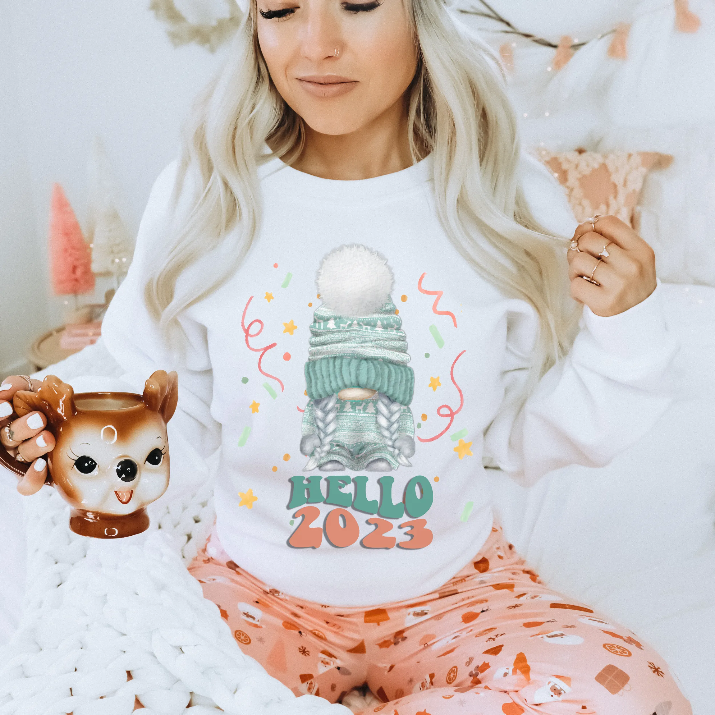 Hello 2023 Women's Cute New Year Gnome Retro Design Cozy Crewneck Sweatshirt or Soft T-Shirt New Year's or Christmas Gift for Her