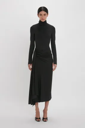 High Neck Asymmetric Draped Dress In Black