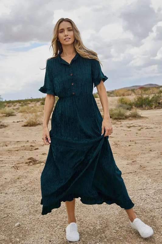 Hunter Green Ruffle Detailed Tiered Velvet Maxi Dress