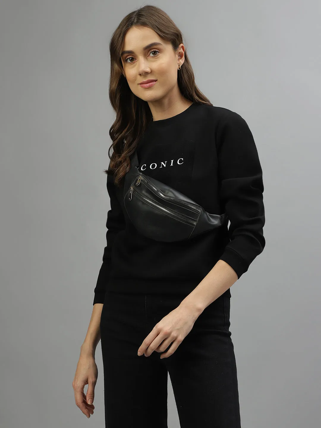 Iconic Women Black Solid Round Neck Full Sleeves Sweatshirt