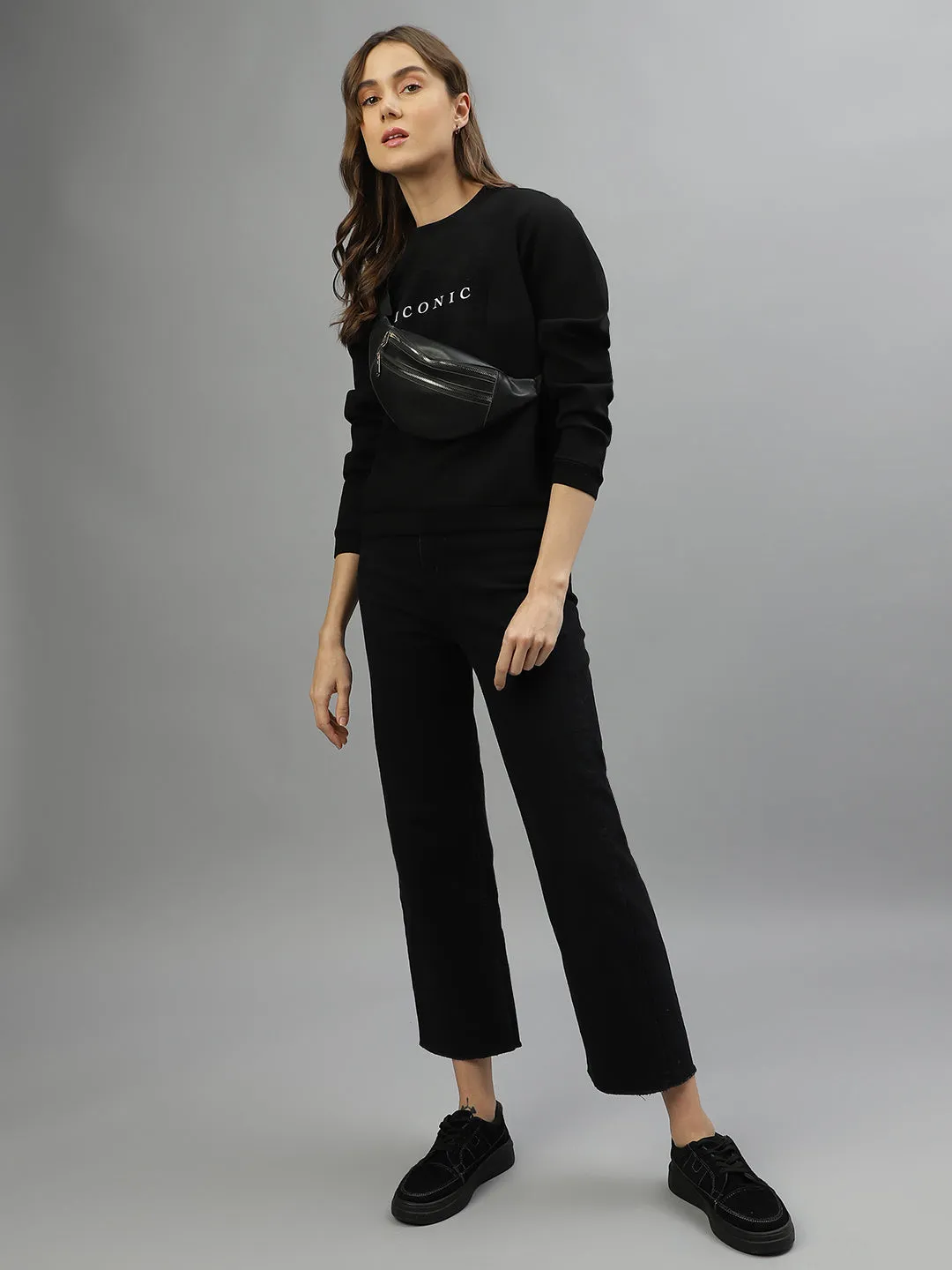 Iconic Women Black Solid Round Neck Full Sleeves Sweatshirt