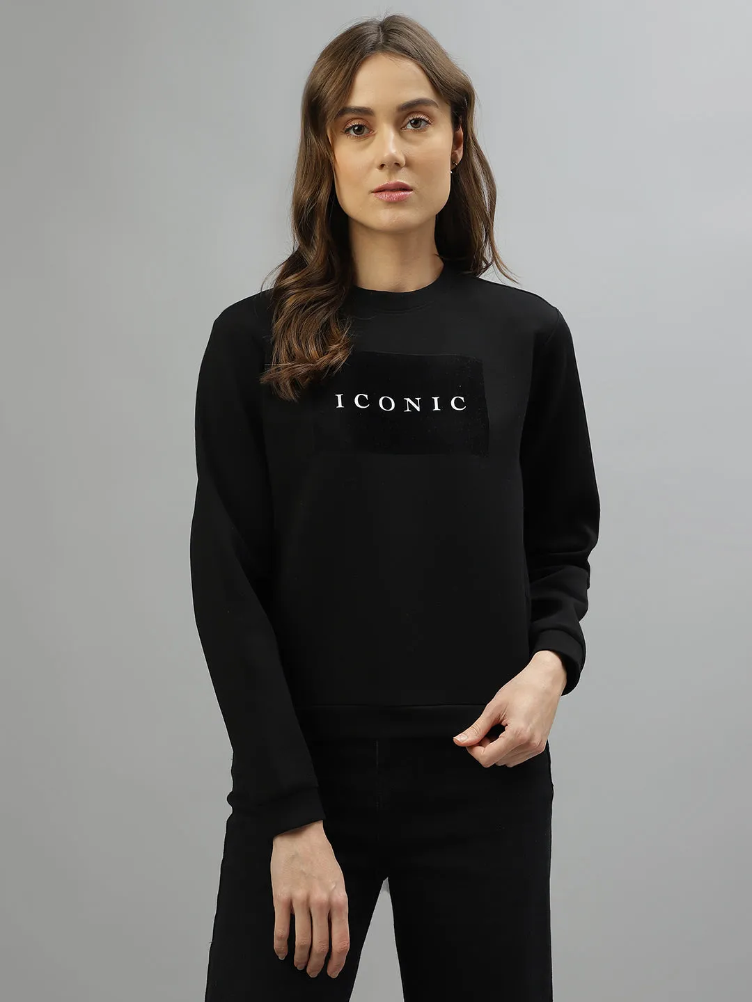 Iconic Women Black Solid Round Neck Full Sleeves Sweatshirt