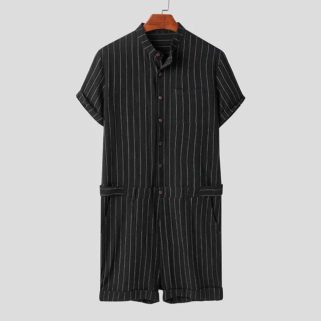 INCERUN Striped Men Rompers Breathable Stand Collar Short Sleeve Joggers Playsuits Streetwear Fashion Men Jumpsuits Shorts S2349186