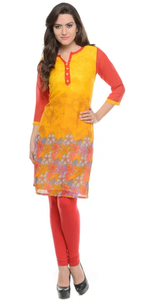 India Tunic Top Long Kurti Georgette Womens Printed Indian Clothing (Yellow)