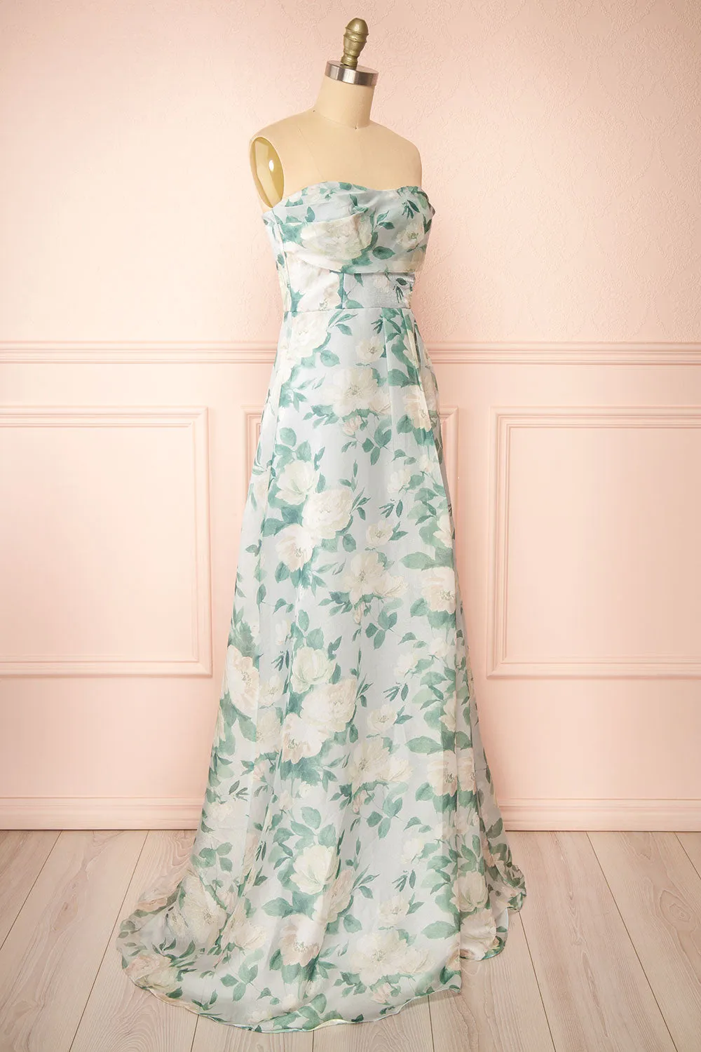 Janine | Light Blue Strapless Floral Maxi Dress