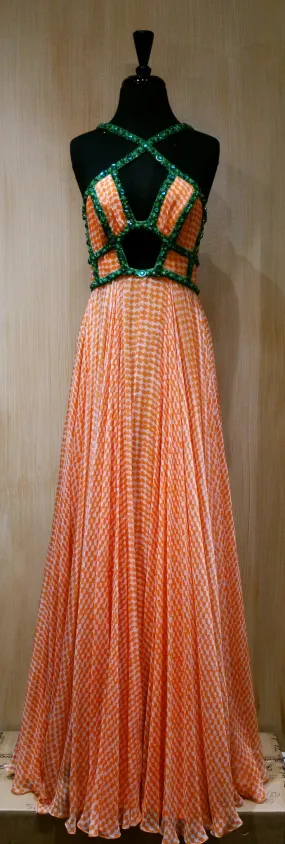 Jenny Packham Peach/White Gingham Check Silk and Green Sequined Gown