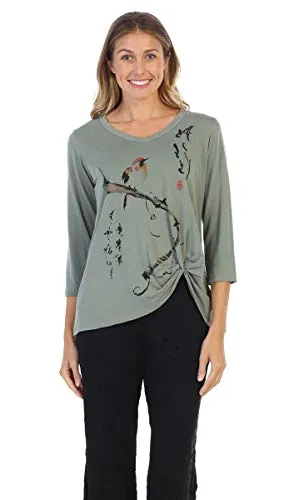 Jess & Jane Pensive 3/4 Sleeve V-Neck Knotted Hem Trendy Womens Tunic Top