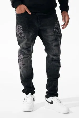 JORDAN CRAIG ETERNAL DARKNESS BLACK FLORAL EMBROIDERY JEANS