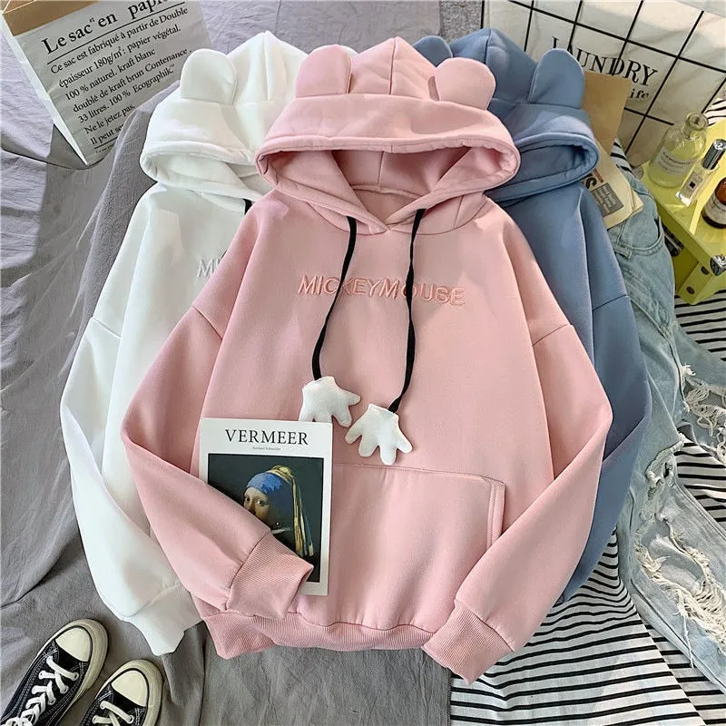 Joskaa Autumn Winter Sweatshirt Korean Oversized Hoodies Cute Bear Ears Letter Long Sleeve Sweatshirt Fleece Thick Pullover Tops Femmes