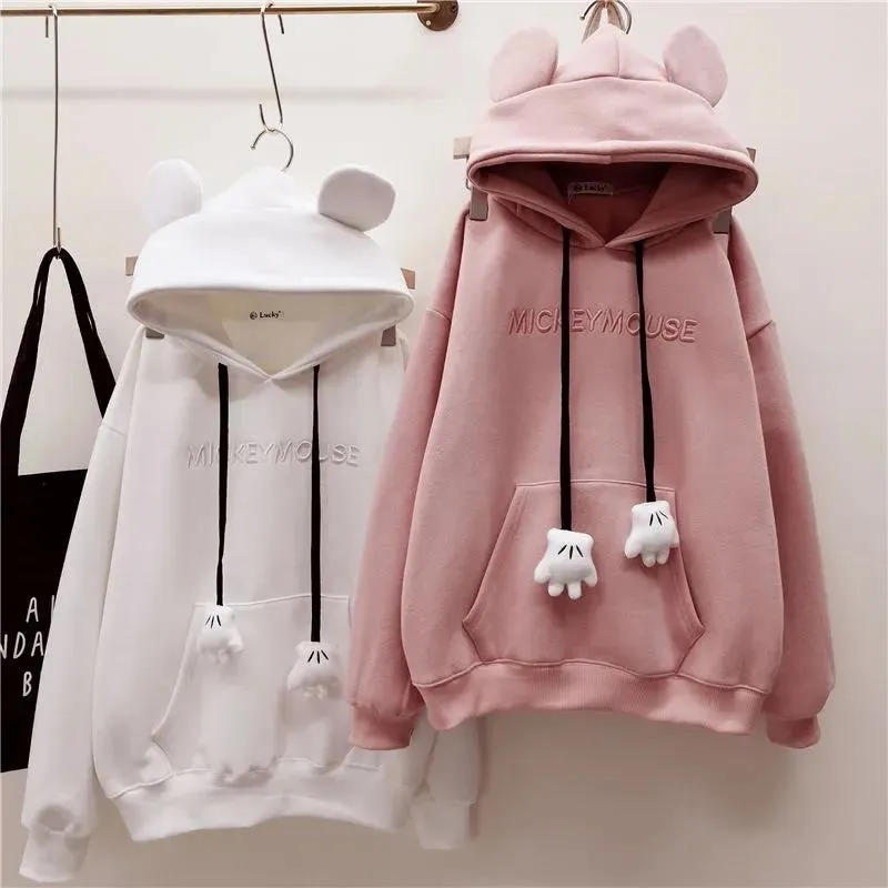 Joskaa Autumn Winter Sweatshirt Korean Oversized Hoodies Cute Bear Ears Letter Long Sleeve Sweatshirt Fleece Thick Pullover Tops Femmes