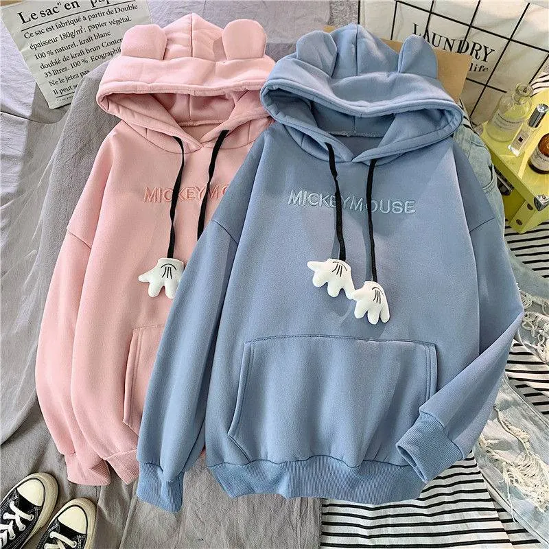 Joskaa Autumn Winter Sweatshirt Korean Oversized Hoodies Cute Bear Ears Letter Long Sleeve Sweatshirt Fleece Thick Pullover Tops Femmes