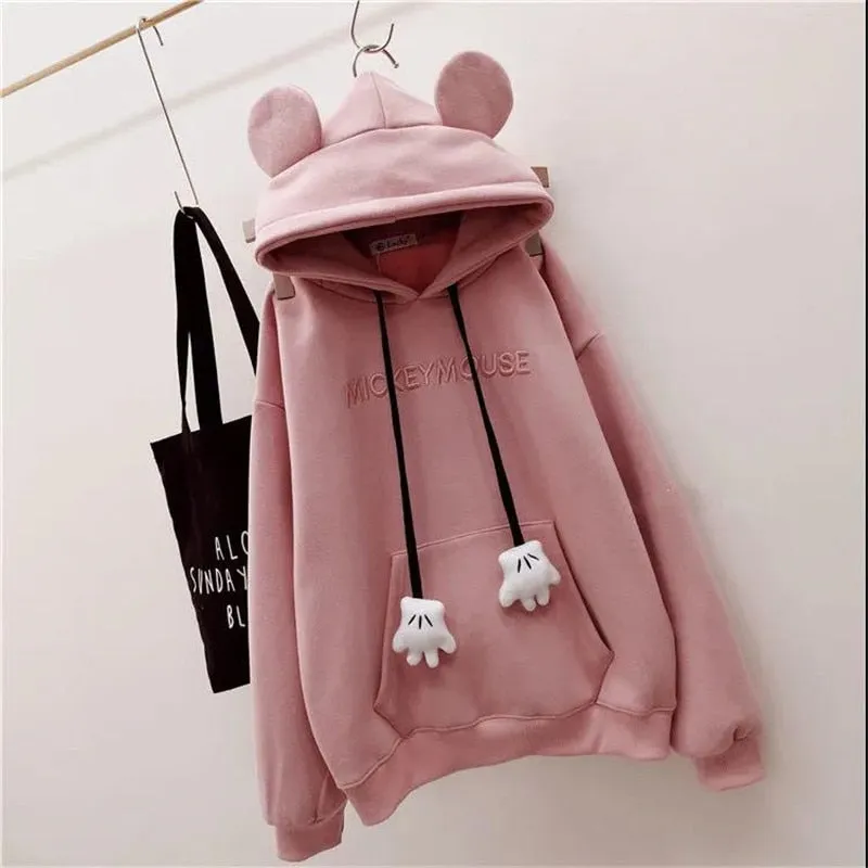 Joskaa Autumn Winter Sweatshirt Korean Oversized Hoodies Cute Bear Ears Letter Long Sleeve Sweatshirt Fleece Thick Pullover Tops Femmes