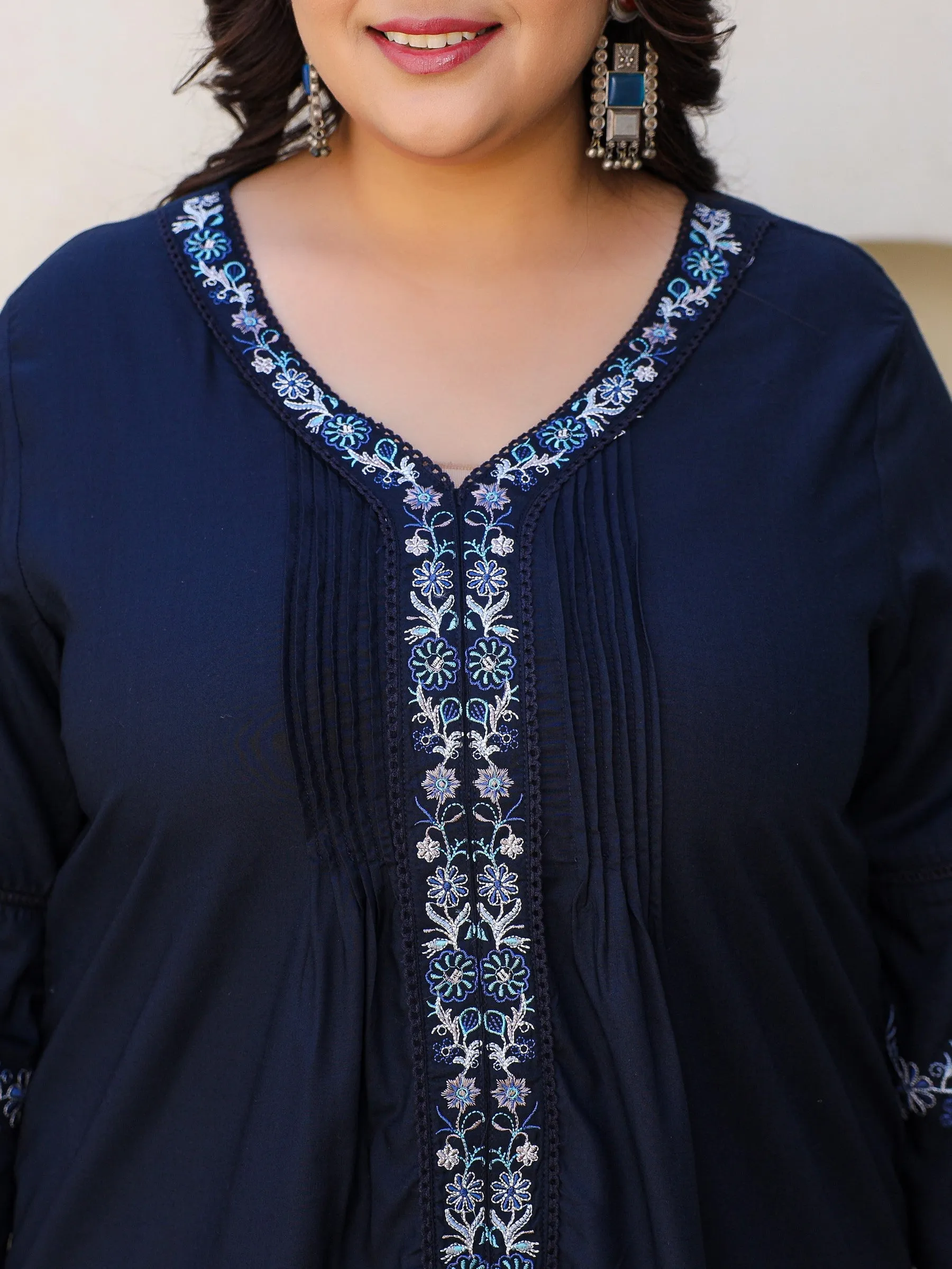 Juniper Navy Blue Modal Rayon Floral Embroidered Plus Size Tunic With Pintucks At Front