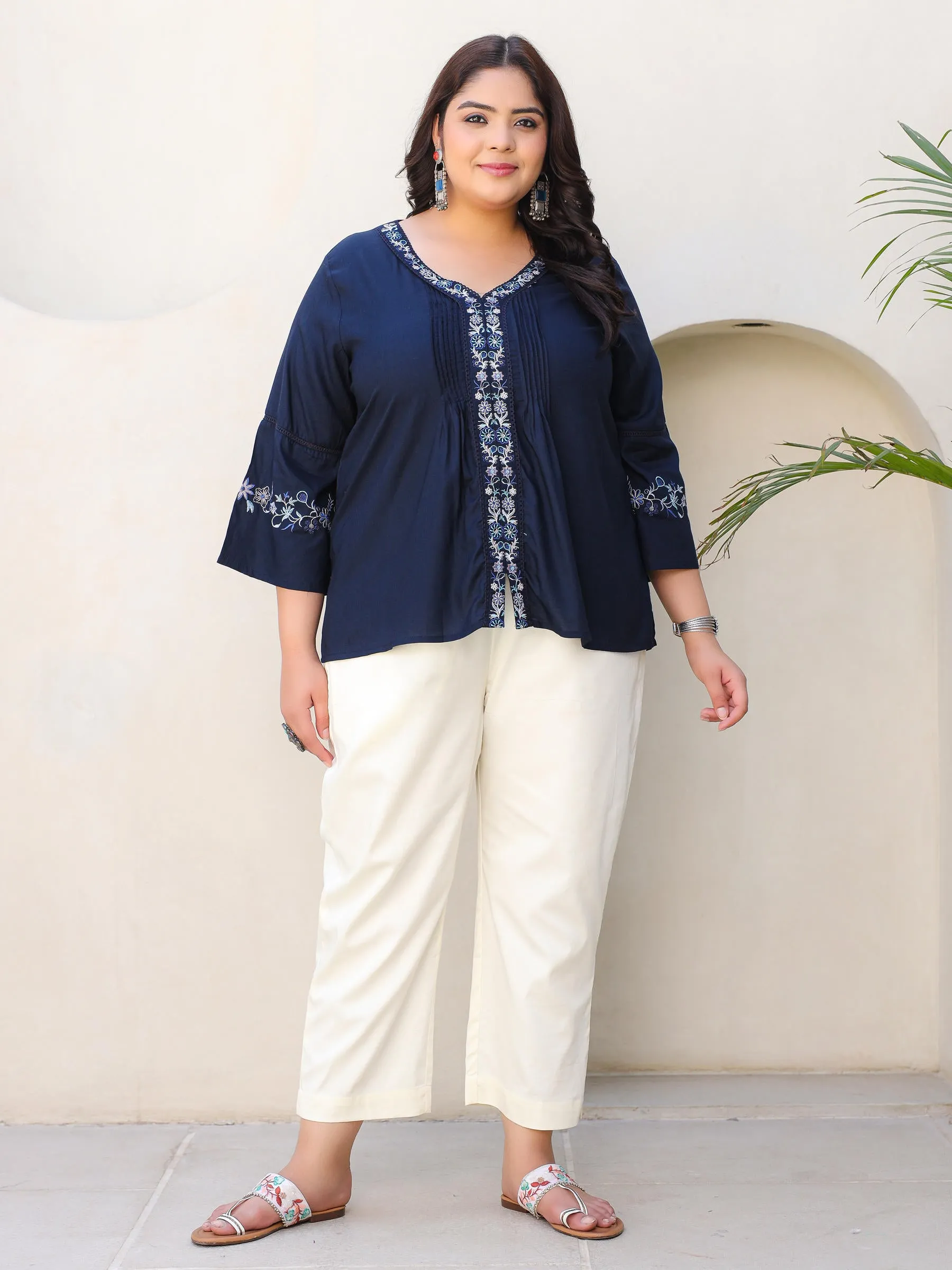 Juniper Navy Blue Modal Rayon Floral Embroidered Plus Size Tunic With Pintucks At Front