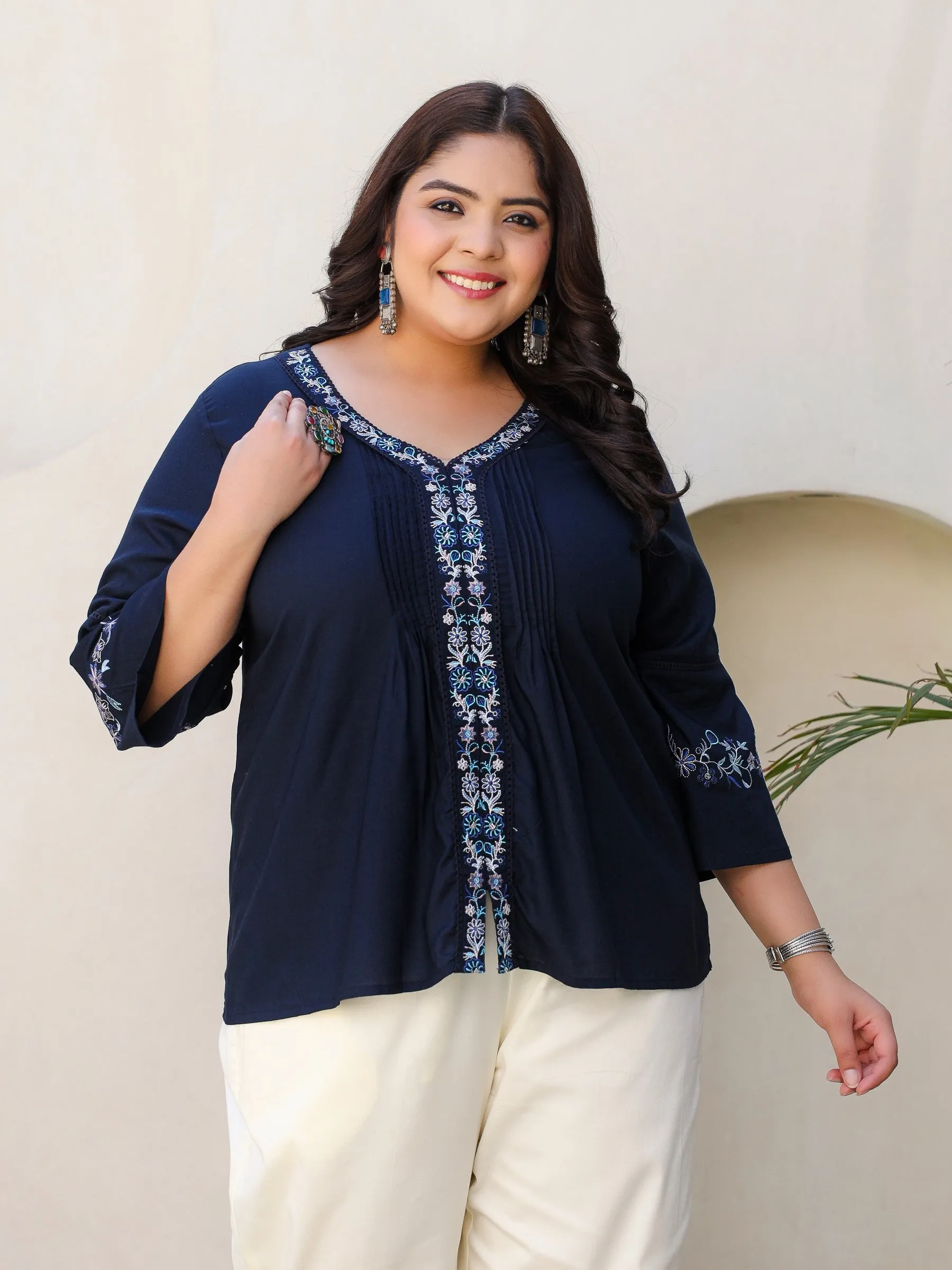 Juniper Navy Blue Modal Rayon Floral Embroidered Plus Size Tunic With Pintucks At Front