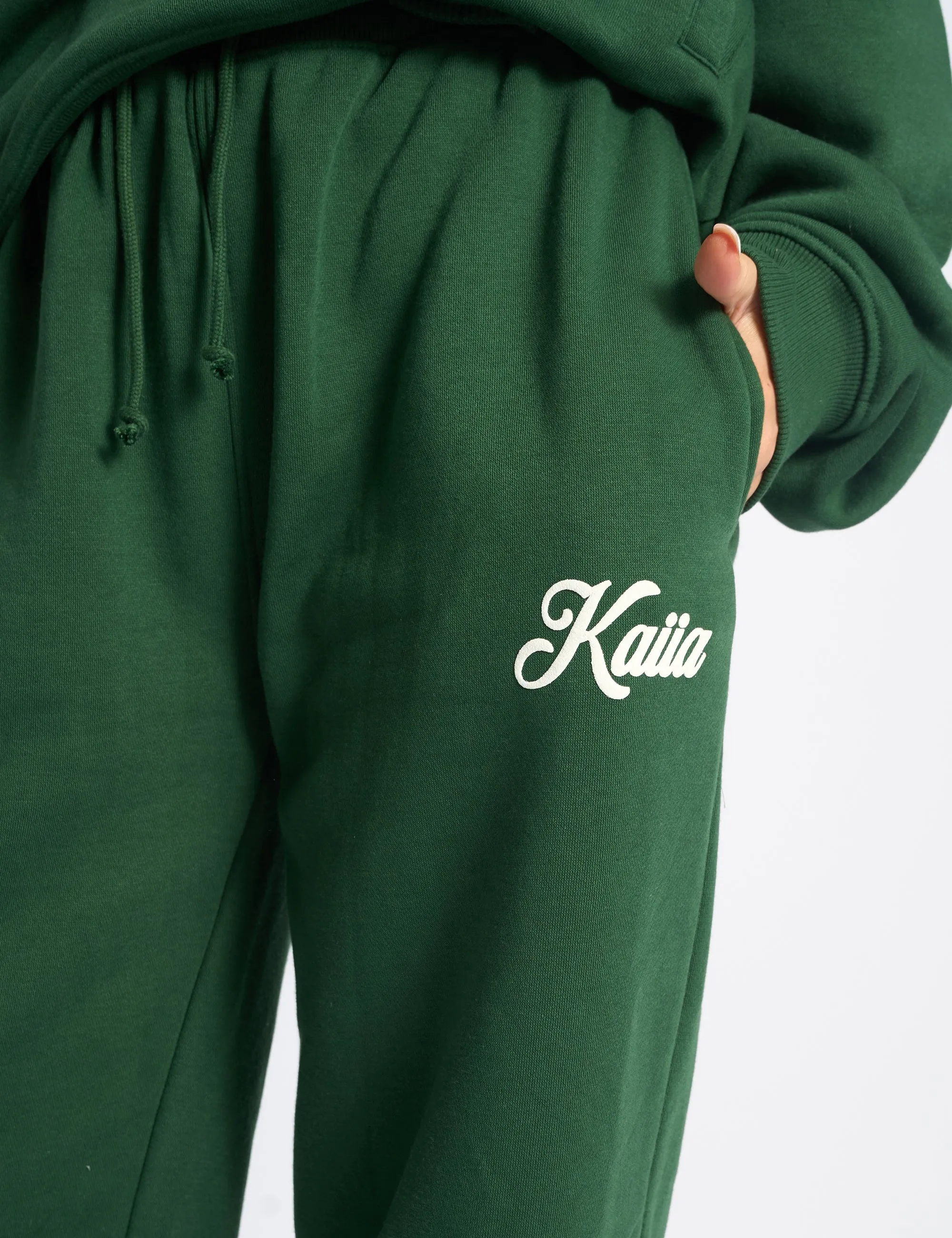 Kaiia Snowflake Logo Ribbed Waistband Wide Leg Joggers Forest Green