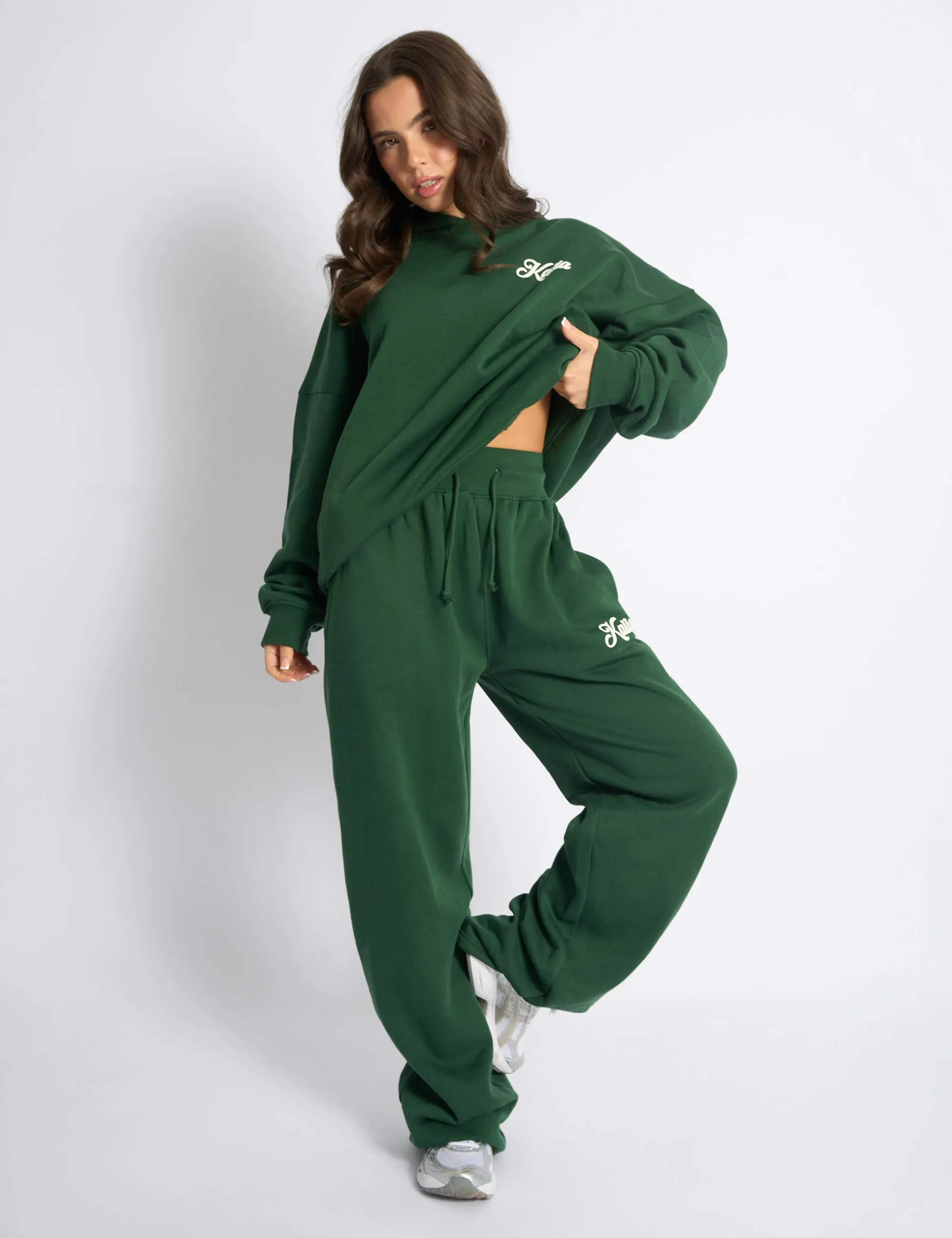 Kaiia Snowflake Logo Ribbed Waistband Wide Leg Joggers Forest Green