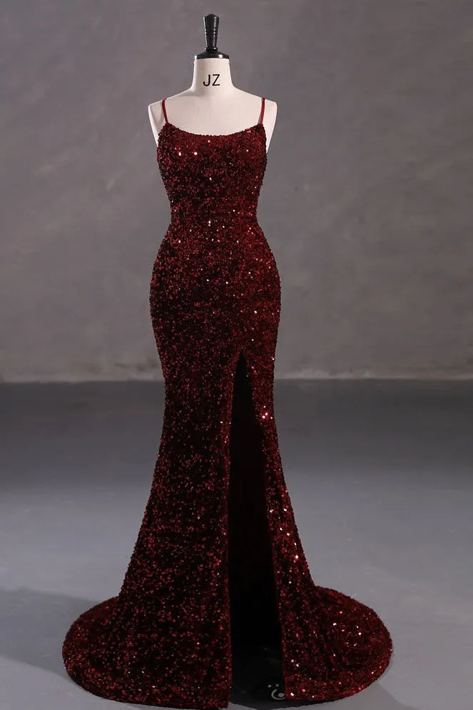 kamahe Slim Burgundy Shimmery Open Back Formal Prom Evening Dress